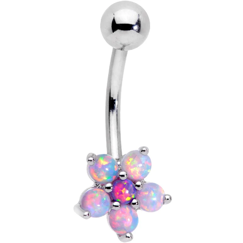 Comfortable Belly Rings for All-Day Comfort -Pink Synthetic Opal Five Petal Flower Belly Ring Comfortable Belly Rings for All-Day Comfort -Pink Synthetic Opal Five Petal Flower Belly Ring
