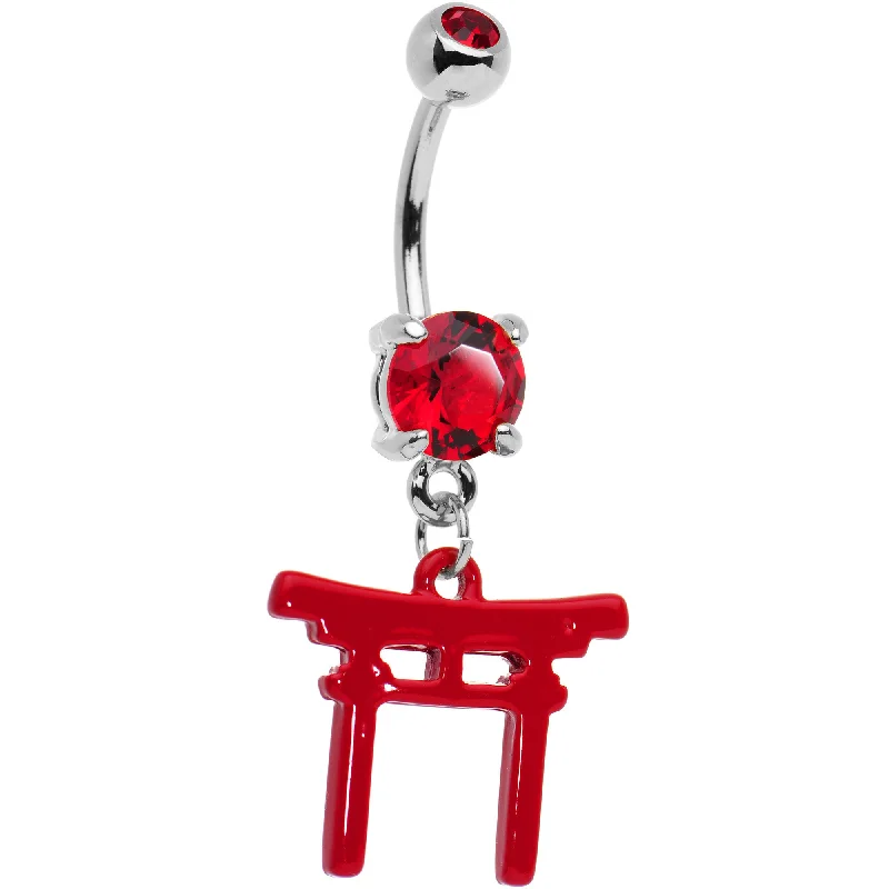 Unique Belly Rings with Elegant Features -Red CZ Gem Gold PVD Red Japanese Gate Dangle Belly Ring Unique Belly Rings with Elegant Features -Red CZ Gem Gold PVD Red Japanese Gate Dangle Belly Ring