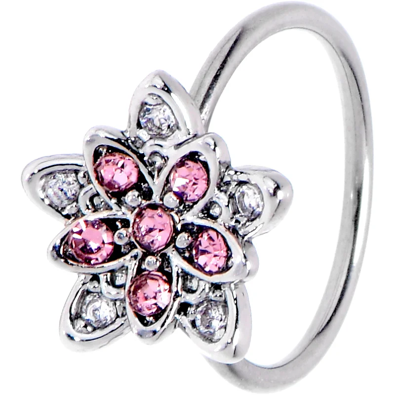 Simple Gold Nose Rings -20 Gauge 5/16 Pink Clear CZ Gem Snowflake Flower Nose Hoop