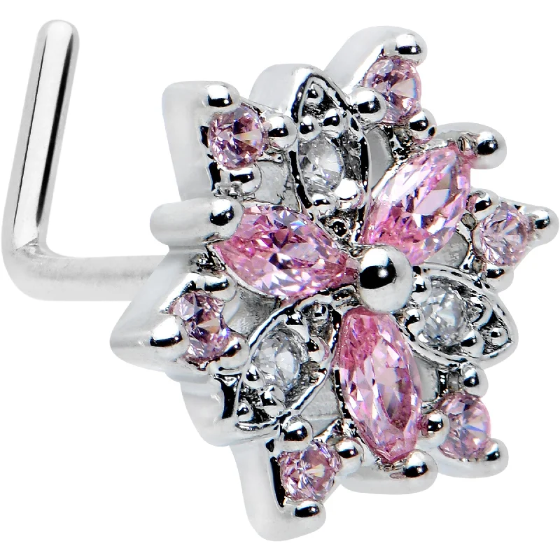 Artistic Nose Rings for Creative Looks -20 Gauge 7mm Pink Clear CZ Gem Snowflake L Shape Nose Ring Artistic Nose Rings for Creative Looks -20 Gauge 7mm Pink Clear CZ Gem Snowflake L Shape Nose Ring