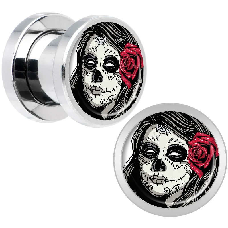 Women's Earrings – Elegant Designs for Every Personality--Katrina Sugar Skull with Rose Flower Steel Screw Fit Plug Set 0 Gauge Women's Earrings – Elegant Designs for Every Personality--Katrina Sugar Skull with Rose Flower Steel Screw Fit Plug Set 0 Gauge
