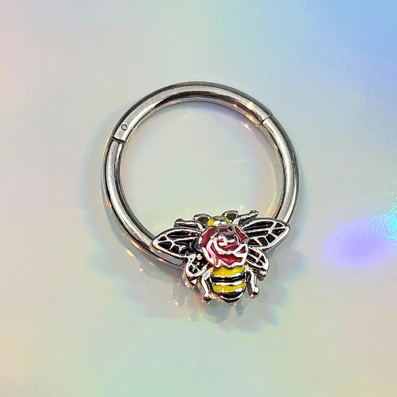 Nose Rings with Blue Sapphire -16 Gauge 3/8 Buzzing Bee Rose Flower Hinged Segment Ring Nose Rings with Blue Sapphire -16 Gauge 3/8 Buzzing Bee Rose Flower Hinged Segment Ring