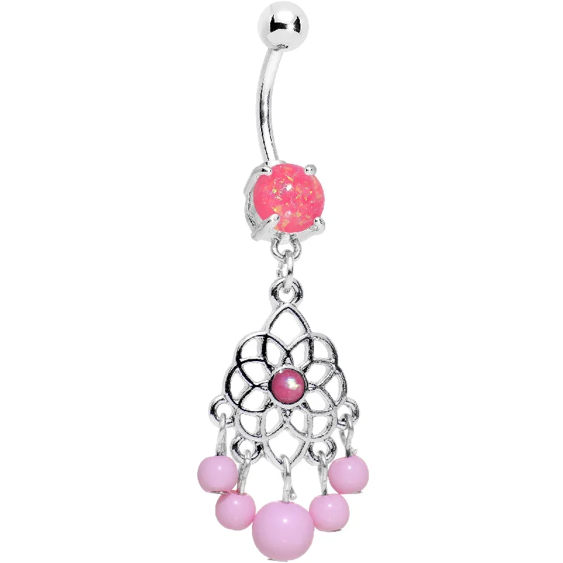 Statement Belly Rings for Bold Style -Pink Faux Opal Lotus Flower Dreamcatcher Dangle Belly Ring Statement Belly Rings for Bold Style -Pink Faux Opal Lotus Flower Dreamcatcher Dangle Belly Ring