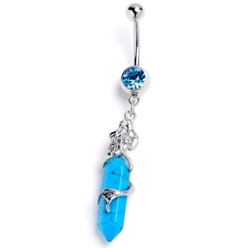 Silver Belly Rings for Classic Look -Blue Gem Mermaid Rider Dangle Belly Ring