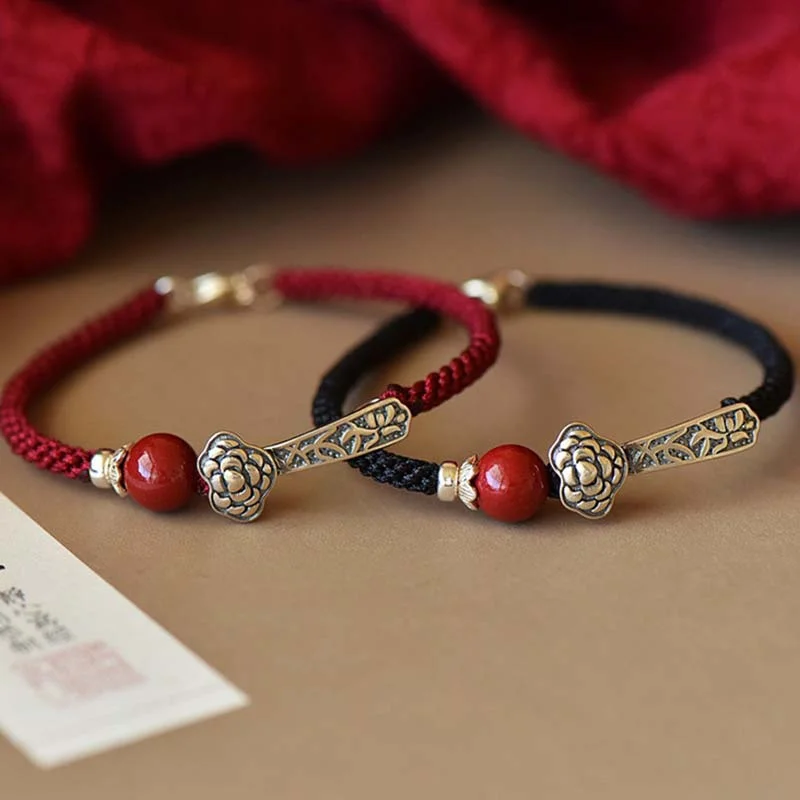 Women's Charm Bangles-Buddha Stones 925 Sterling Silver Cinnabar Blessing String Bracelet
