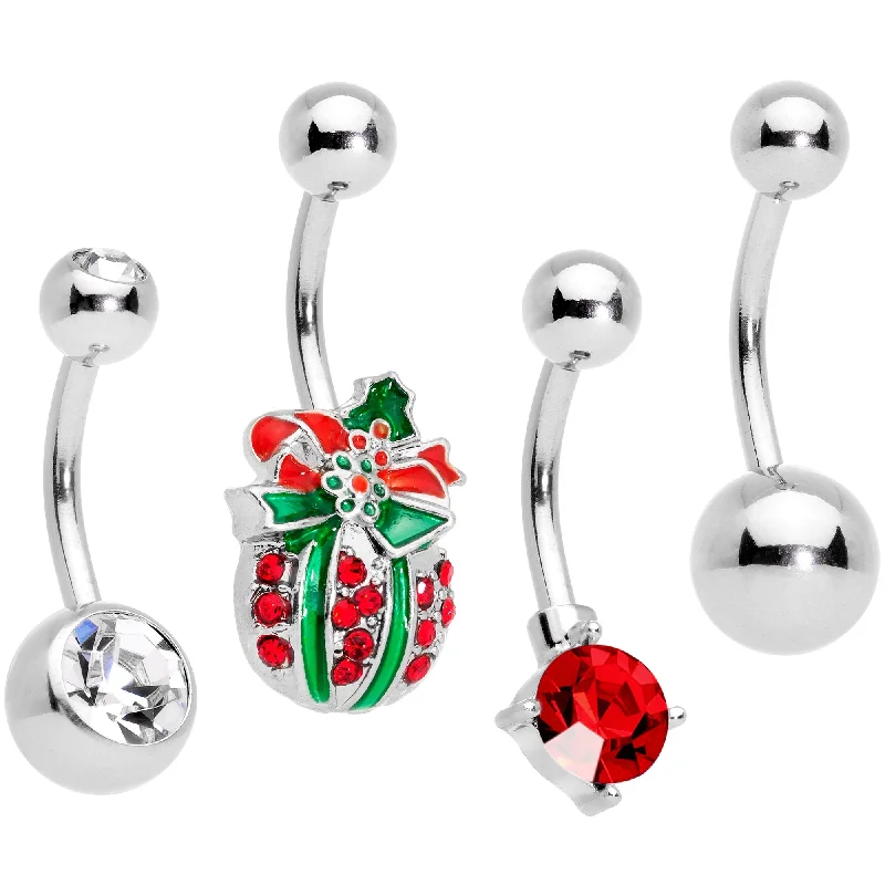 Comfortable Belly Rings for Sensitive Piercings -Clear Gem Red Holiday Gift Ornament Belly Ring Set of 4 Comfortable Belly Rings for Sensitive Piercings -Clear Gem Red Holiday Gift Ornament Belly Ring Set of 4