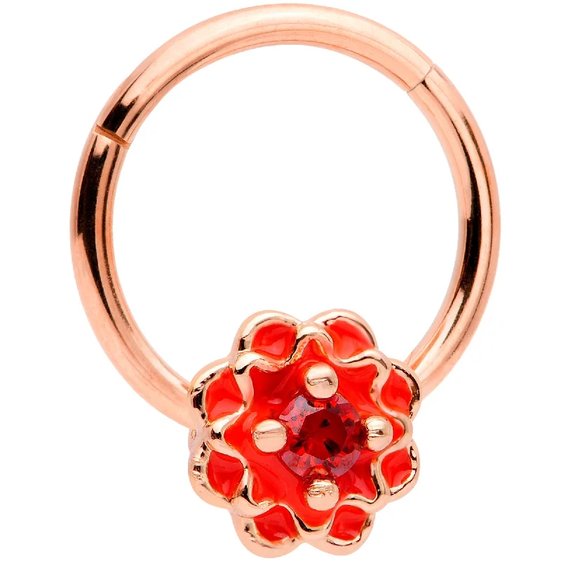 Silver Nose Rings for Every Look -16 Gauge 3/8 Red Gem Rose Gold Tone Red Flower Septum Hinged Segment Ring Silver Nose Rings for Every Look -16 Gauge 3/8 Red Gem Rose Gold Tone Red Flower Septum Hinged Segment Ring