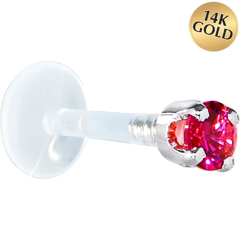 Women's Earrings – Elegant Designs for Every Personality--16 Gauge 5/16 Solid 14KT White Gold 3mm Red Cubic Zirconia Bioplast Tragus Earring Stud
