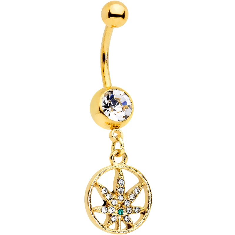 Designer Belly Rings for Trendy Women -Clear Green Gem Gold Tone Circle Pot Leaf Dangle Belly Ring Designer Belly Rings for Trendy Women -Clear Green Gem Gold Tone Circle Pot Leaf Dangle Belly Ring