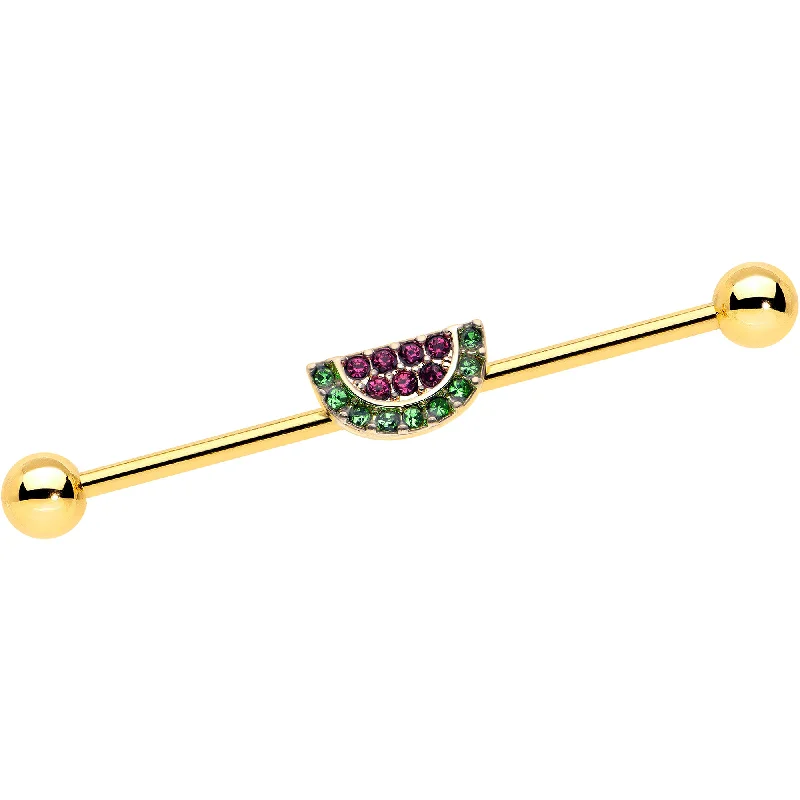 Women's Earrings – Elegant Designs for Every Personality--14 Gauge Pink Green Gem Gold Hue Watermelon Yum Industrial Barbell 38mm