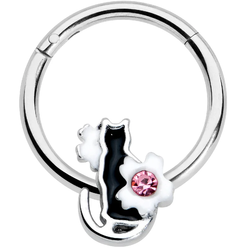 Nose Rings with Ruby Stones -16 Gauge 3/8 Pink Gem Black Cat White Flowers Hinged Segment Ring Nose Rings with Ruby Stones -16 Gauge 3/8 Pink Gem Black Cat White Flowers Hinged Segment Ring