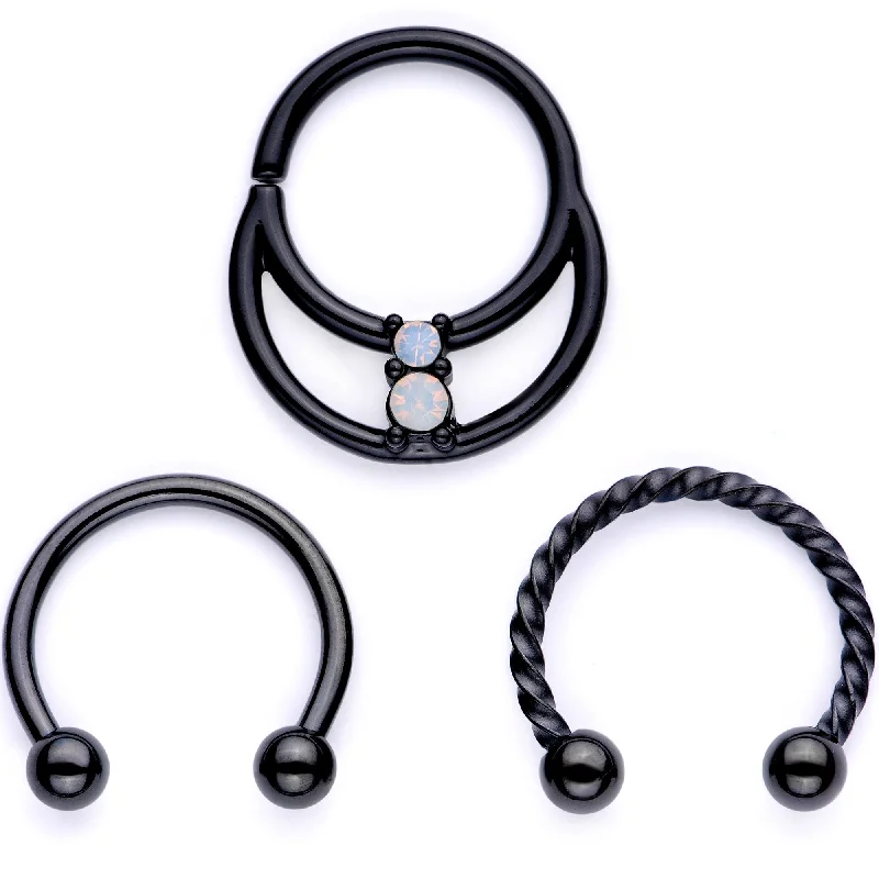 Nose Rings with Textured Surface -16 Gauge 3/8 White Faux Opal Black Anodized Twisted Horseshoe Closure Ring Set Nose Rings with Textured Surface -16 Gauge 3/8 White Faux Opal Black Anodized Twisted Horseshoe Closure Ring Set