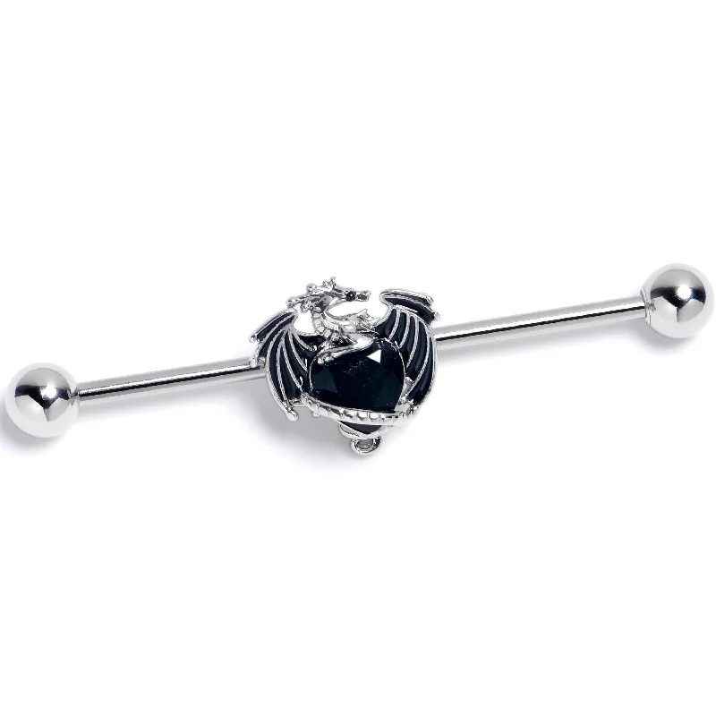 Women's Earrings – Elegant Designs for Every Personality--14 Gauge Black Gem Heart of Dragon Industrial Barbell 38mm