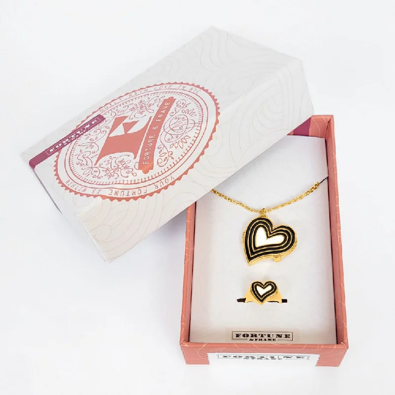 Chic Women's Rings for Fashion-Forward Looks-Deco Heart Locket & Signet Ring Gift Set (Onyx & Ivory) - Gold
