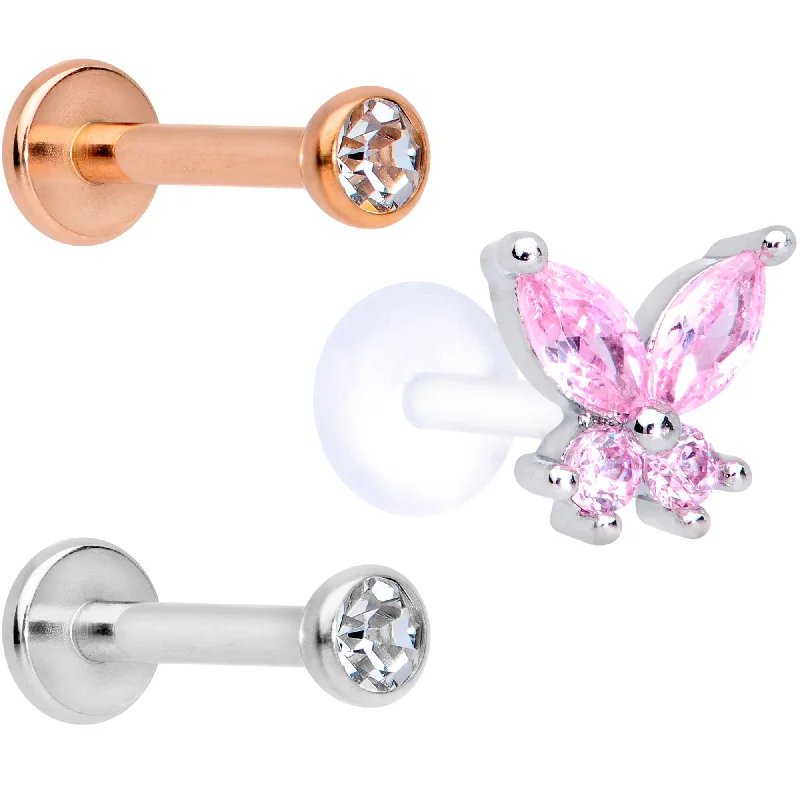Lip Rings for Fashion Enthusiasts16 Gauge 5/16 Pink Clear CZ Gem Internal Thread Labret Tragus Set of 3