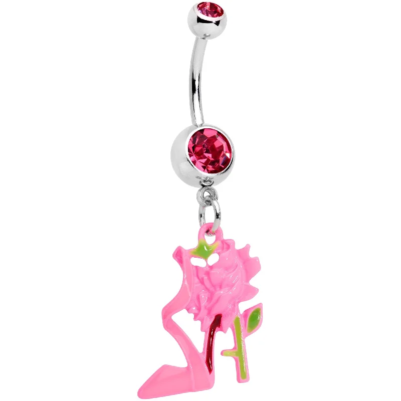 Belly Rings for Fashionable Women -Pink Gems Tricolor Rose Flower and Stiletto Heel Dangle Belly Ring Belly Rings for Fashionable Women -Pink Gems Tricolor Rose Flower and Stiletto Heel Dangle Belly Ring