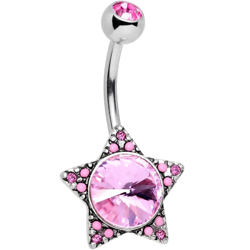 Trendy Belly Rings with Elegant Style -Pink Gem Encrusted Big Star Belly Ring
