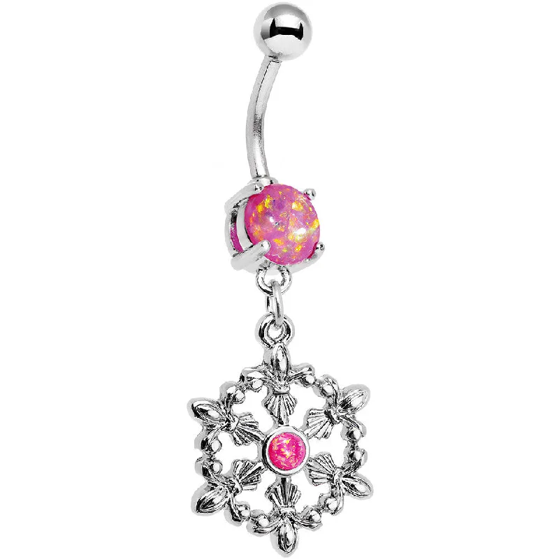Trendy Belly Rings with Stylish Accents -Pink Faux Opal Fleur de Lis Hoop Dangle Belly Ring Trendy Belly Rings with Stylish Accents -Pink Faux Opal Fleur de Lis Hoop Dangle Belly Ring