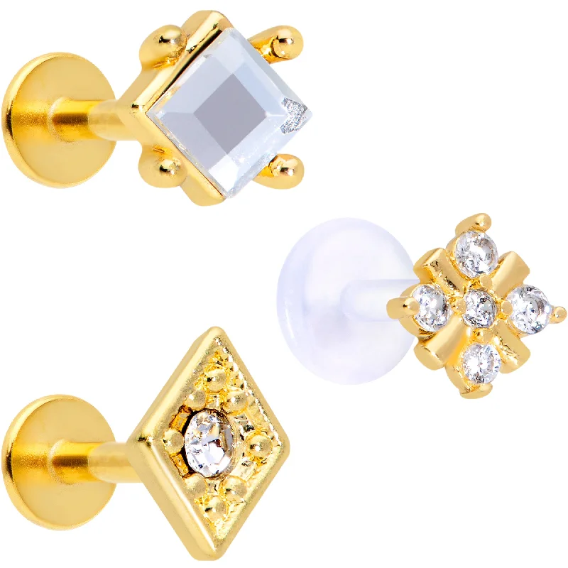 Beautifully Crafted Lip Rings16 Gauge 5/16 Clear CZ Gem Gold Tone Geometric Labret Tragus Set of 3 Beautifully Crafted Lip Rings16 Gauge 5/16 Clear CZ Gem Gold Tone Geometric Labret Tragus Set of 3