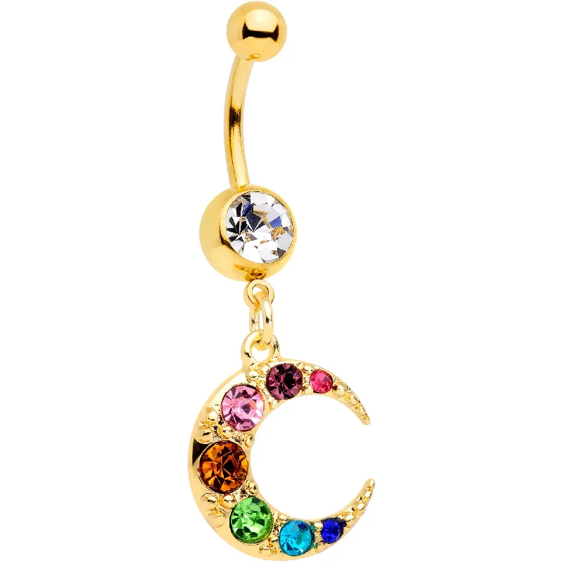 Designer Belly Rings with Timeless Appeal -Rainbow Gem Gold Tone Crescent Moon Dangle Belly Ring Designer Belly Rings with Timeless Appeal -Rainbow Gem Gold Tone Crescent Moon Dangle Belly Ring