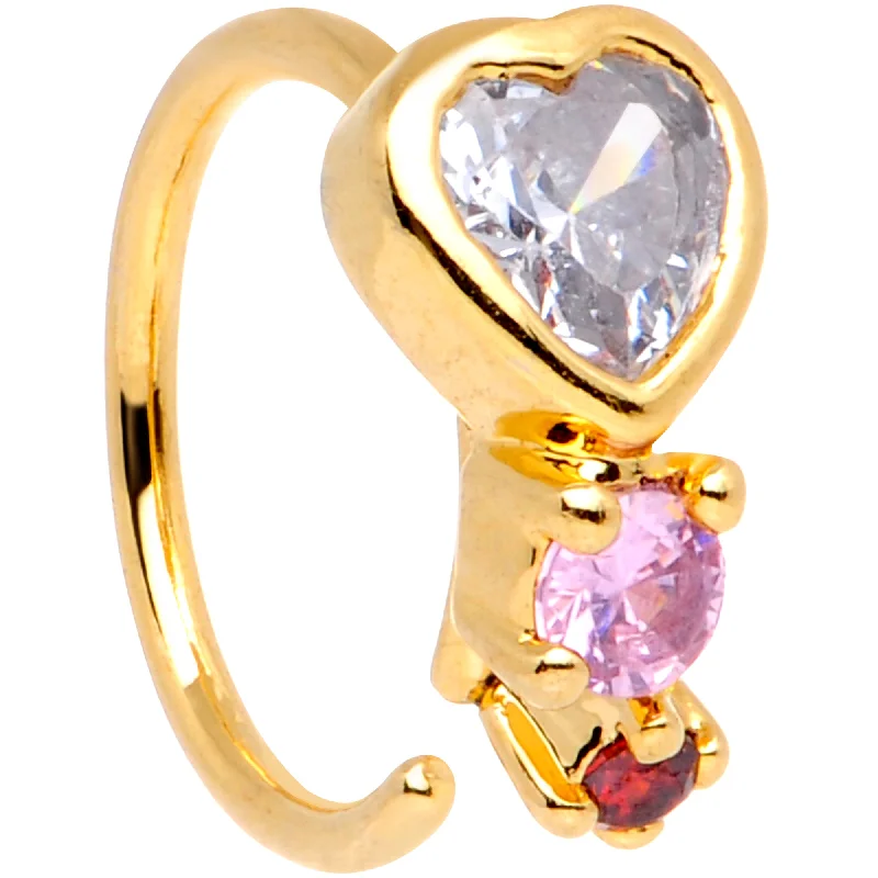 Designer Nose Rings for Elegant Women -18 Gauge 3/8 Clear Pink Red CZ Gem Gold Tone Heart Nose Hoop Designer Nose Rings for Elegant Women -18 Gauge 3/8 Clear Pink Red CZ Gem Gold Tone Heart Nose Hoop