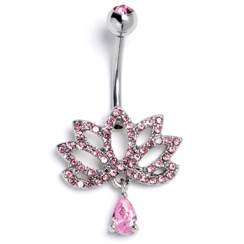 Gorgeous Belly Rings for Stunning Style -Pink CZ Gem Internally Threaded Lotus Fashion Flower Dangle Belly Ring Gorgeous Belly Rings for Stunning Style -Pink CZ Gem Internally Threaded Lotus Fashion Flower Dangle Belly Ring