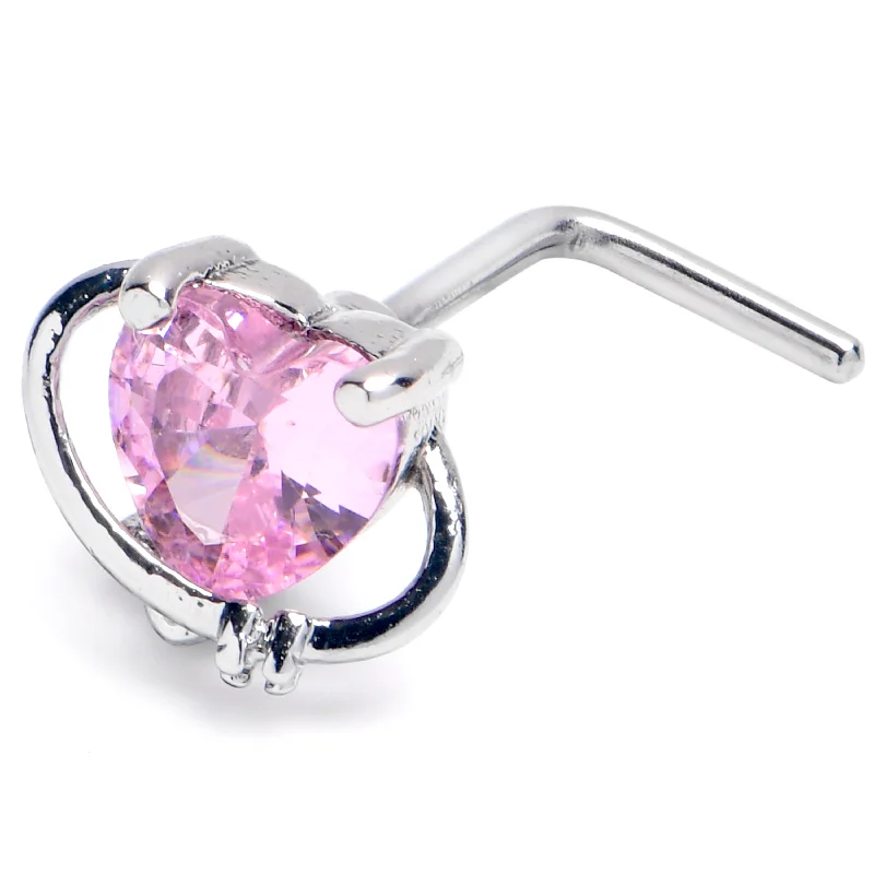Nose Rings for Edgy Look -20 Gauge 1/4 Pink CZ Gem Heart Saturn L Shape Nose Ring