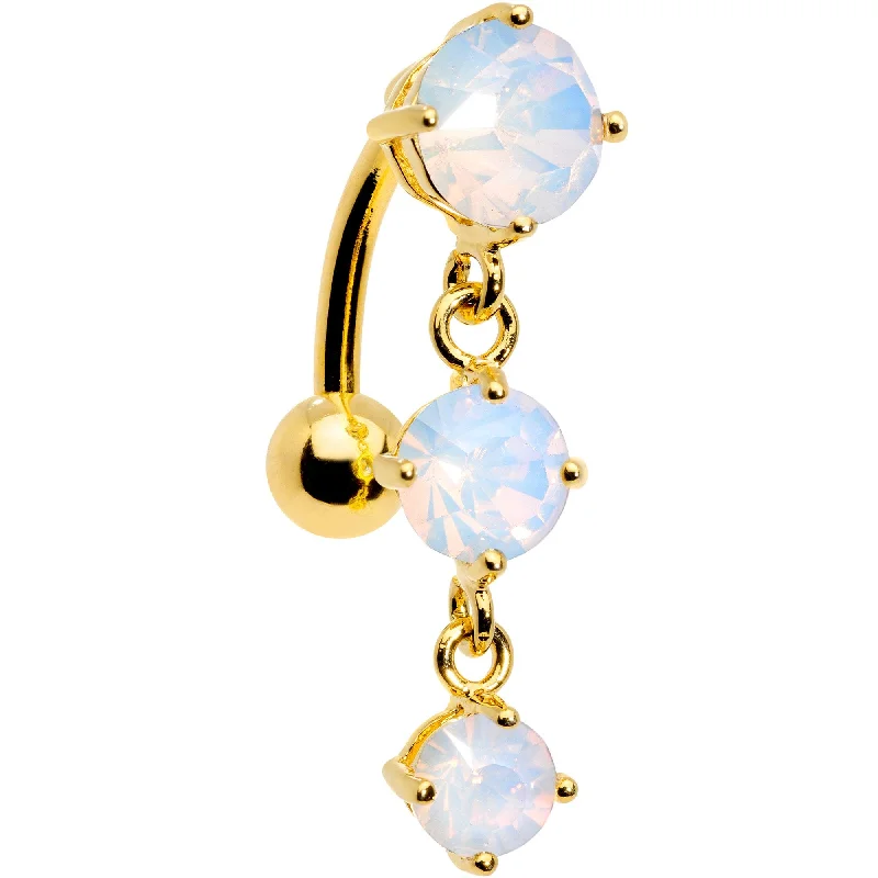 Designer Belly Rings with Sleek Finish -White Faux Opal Gold Plated Trio Tier Top Mount Dangle Belly Ring Designer Belly Rings with Sleek Finish -White Faux Opal Gold Plated Trio Tier Top Mount Dangle Belly Ring
