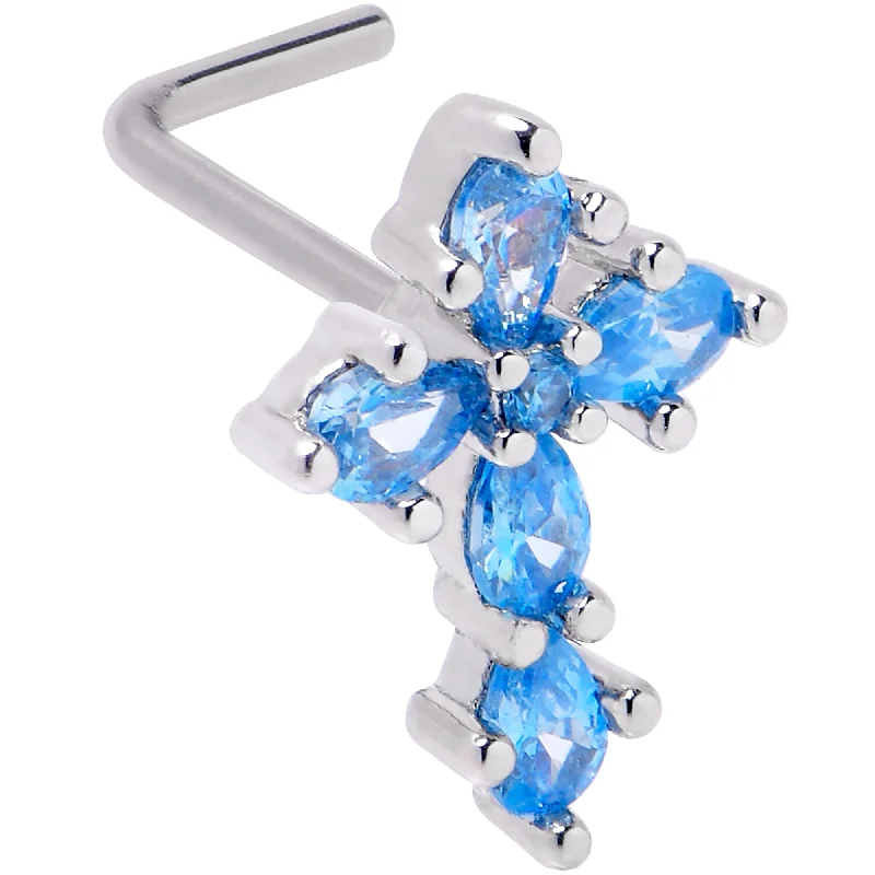 Gold Nose Rings with Subtle Designs -20 Gauge 7mm Blue CZ Gem Classic Cross L Shape Nose Ring