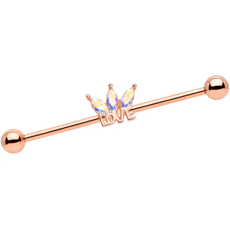 Women's Earrings – Elegant Designs for Every Personality--14 Gauge Aurora Gem Rose Gold Tone Crown Love Industrial Barbell 38mm