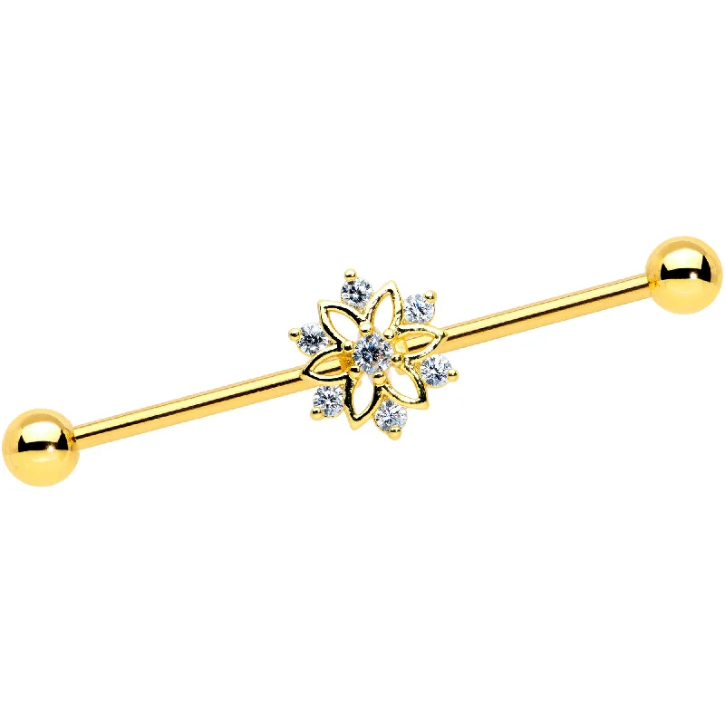 Women's Earrings – Elegant Designs for Every Personality--14 Gauge Clear Gold Tone Flower SnowflakeChristmas Industrial Barbell 38mm