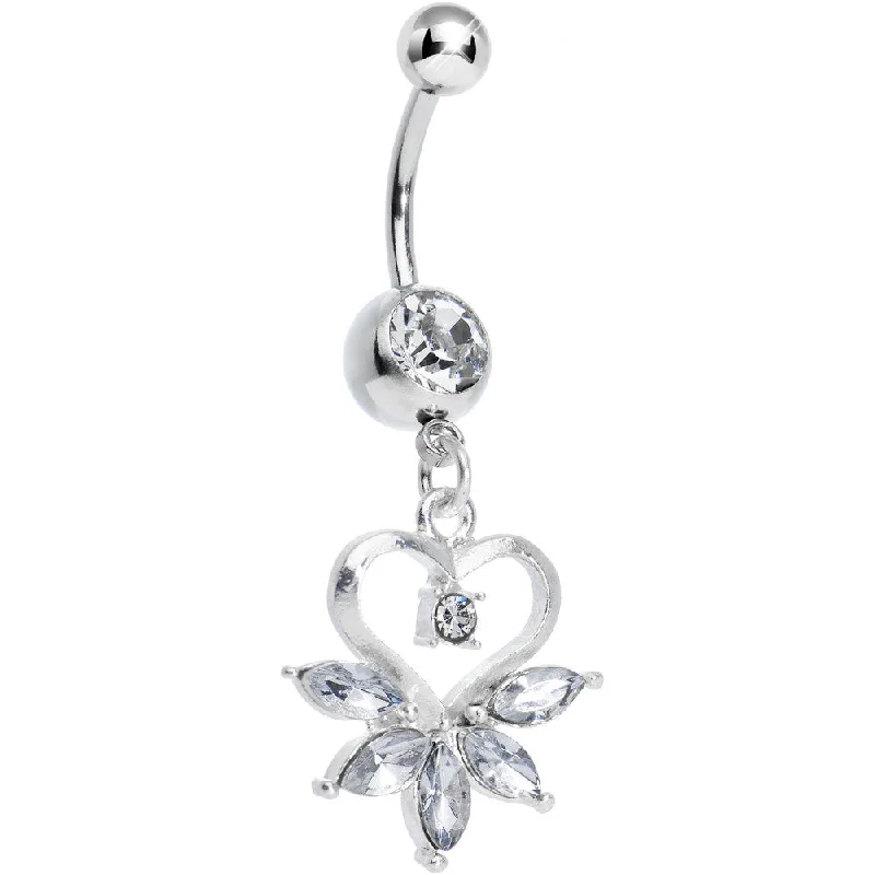 Belly Rings with Stone Detailing for Fashionistas -Clear Gem Marquise Pop Hollow Heart Dangle Belly Ring Belly Rings with Stone Detailing for Fashionistas -Clear Gem Marquise Pop Hollow Heart Dangle Belly Ring