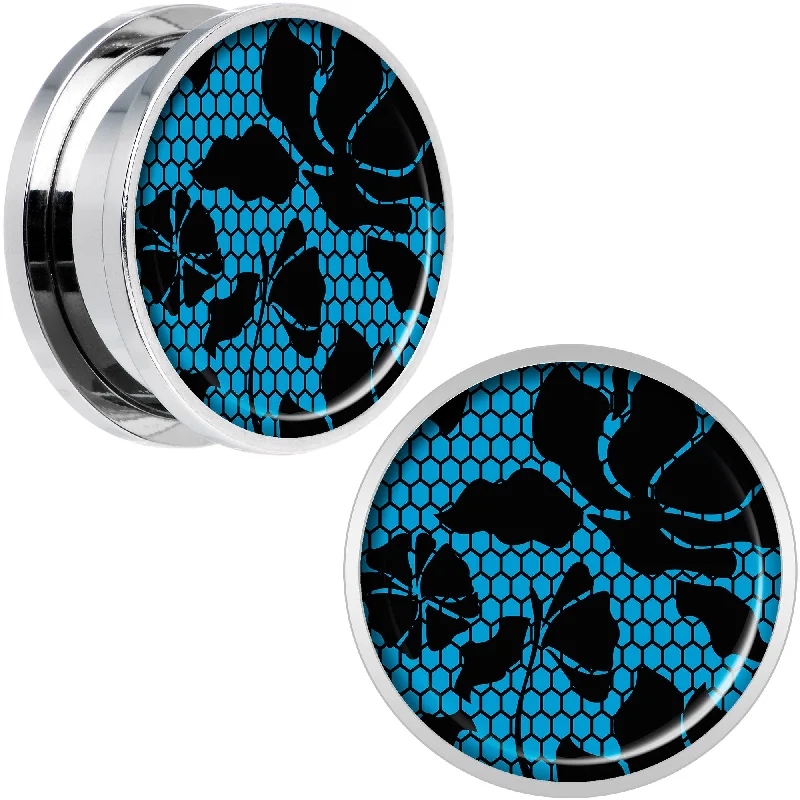 Women's Earrings – Elegant Designs for Every Personality--Blue Floral Lace Steel Screw Fit Plug Set 20mm