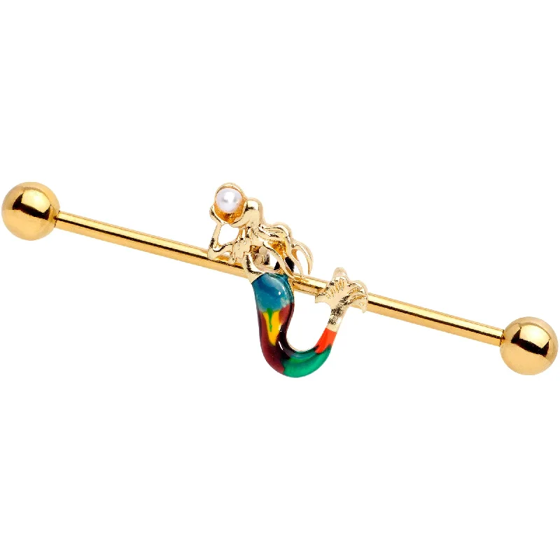 Women's Earrings – Elegant Designs for Every Personality--14 Gauge White Orb Gold PVD Rainbow Mermaid Industrial Barbell 38mm Women's Earrings – Elegant Designs for Every Personality--14 Gauge White Orb Gold PVD Rainbow Mermaid Industrial Barbell 38mm