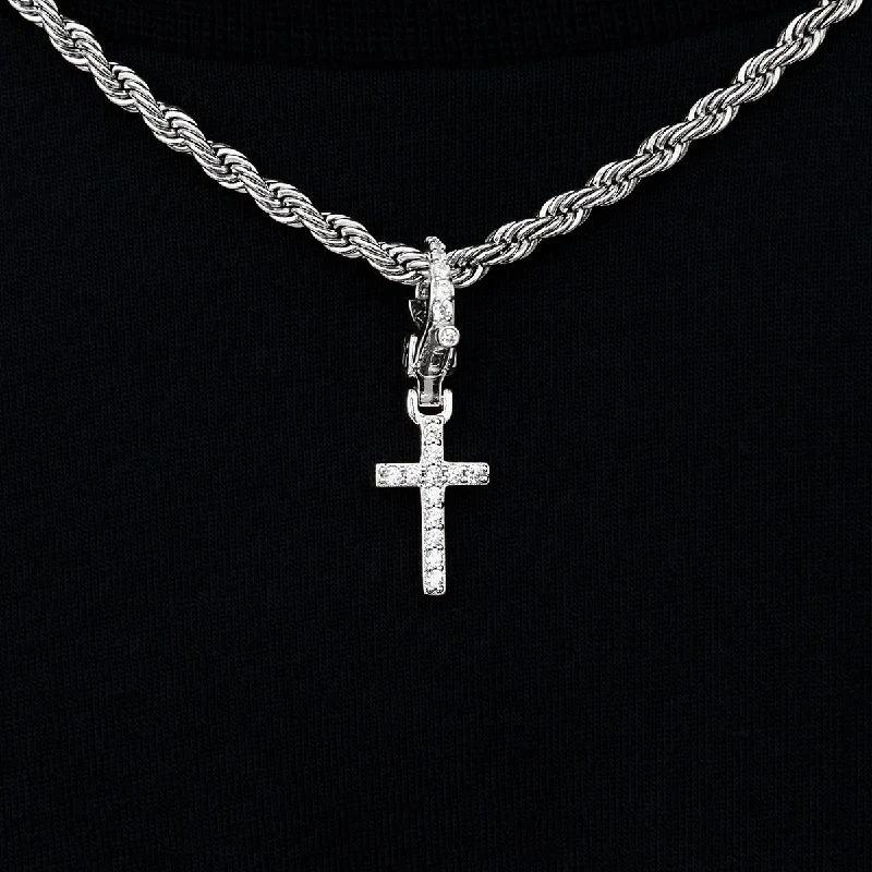 Iced Micro Cross Clip On Pendant in White Gold