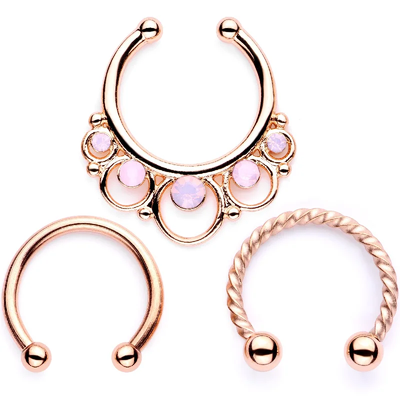 Nose Rings with Flower Motif -16 Gauge Pink Faux Opal Rose Gold Tone Twisted Horseshoe Clip On Fake Septum Ring Set Nose Rings with Flower Motif -16 Gauge Pink Faux Opal Rose Gold Tone Twisted Horseshoe Clip On Fake Septum Ring Set