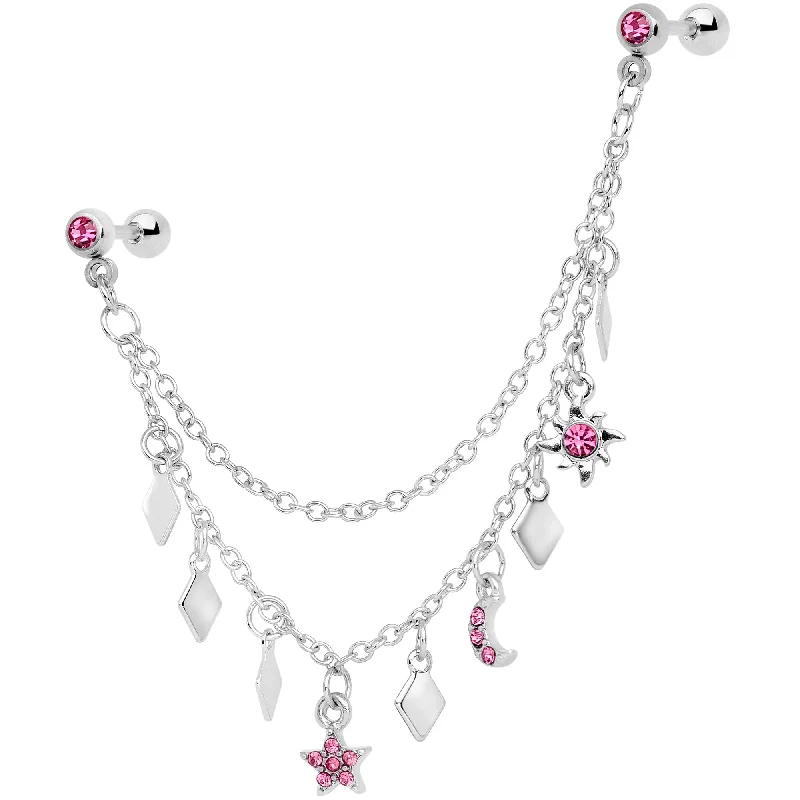 Women's Earrings – Elegant Designs for Every Personality--16 Gauge 1/4 Pink Gem Moon Star Sun Dangle Cartilage Chain Earring Women's Earrings – Elegant Designs for Every Personality--16 Gauge 1/4 Pink Gem Moon Star Sun Dangle Cartilage Chain Earring