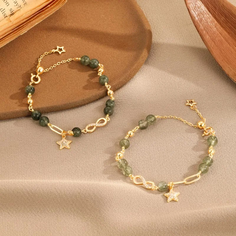 Custom-Designed Wedding Bangles for Women-Buddha Stones 14K Gold Green Rutilated Quartz Möbius Loop Eternal Love Star Protection Bracelet