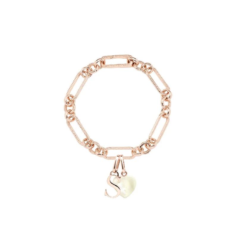 Gold Cuff Bangles for Women-Letter & Birthstone Figaro Chain Bracelet (Rose Gold)