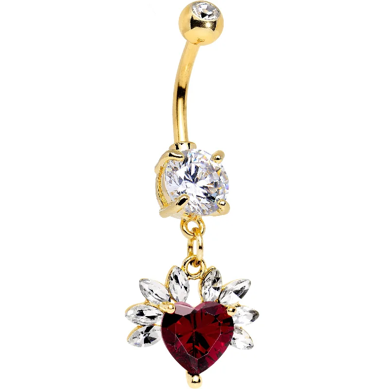 Unique Belly Rings for Statement Fashion -Red CZ Gem Gold Anodized Enshrined Heart Dangle Belly Ring Unique Belly Rings for Statement Fashion -Red CZ Gem Gold Anodized Enshrined Heart Dangle Belly Ring