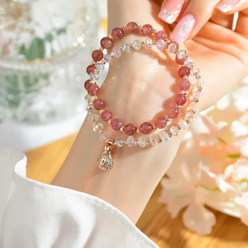 Women's Thin Stackable Bangles-Buddha Stones Strawberry Quartz White Crystal Money Bag Charm Positive Bracelet Women's Thin Stackable Bangles-Buddha Stones Strawberry Quartz White Crystal Money Bag Charm Positive Bracelet