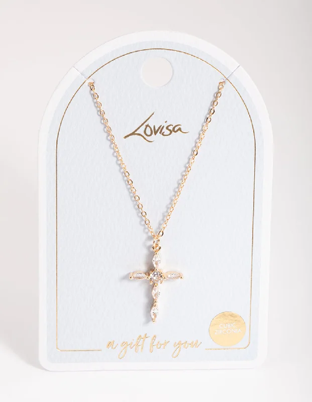 Shop Classic Women's  Necklaces & Pendants with a Modern Twist-Gold Classic Diamante Cross Necklace
