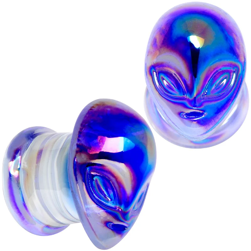 Women's Earrings – Elegant Designs for Every Personality--Aurora Blue Glass Outer Space Alien Double Flare Plug Set 10mm to 19mm