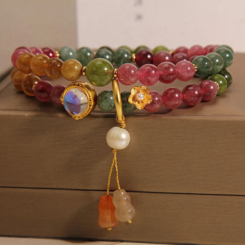 Gem-Studded Bangles for Women-Buddha Stones Multicolored Tourmaline Positive Double Wrap Gourd Charm Bracelet Gem-Studded Bangles for Women-Buddha Stones Multicolored Tourmaline Positive Double Wrap Gourd Charm Bracelet