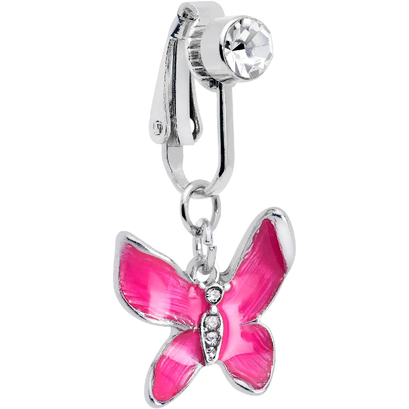 Custom Belly Rings for Personalized Style -Clear Gem Chunky Butterfly Pink Clip On Fake Belly Ring Custom Belly Rings for Personalized Style -Clear Gem Chunky Butterfly Pink Clip On Fake Belly Ring