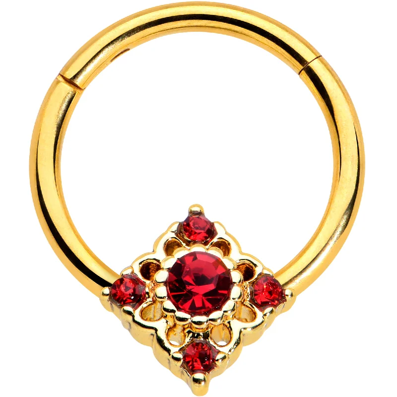 Bold Nose Rings for Confident Fashion -16 Gauge 3/8 Red Gem Gold Tone Regal Rhombus Hinged Segment Ring Bold Nose Rings for Confident Fashion -16 Gauge 3/8 Red Gem Gold Tone Regal Rhombus Hinged Segment Ring