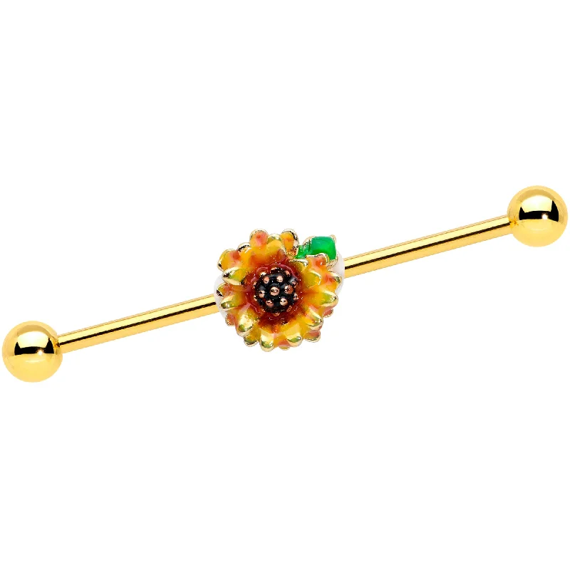 Women's Earrings – Elegant Designs for Every Personality--14 Gauge Gold Tone Summer Sunflower Industrial Barbell 38mm