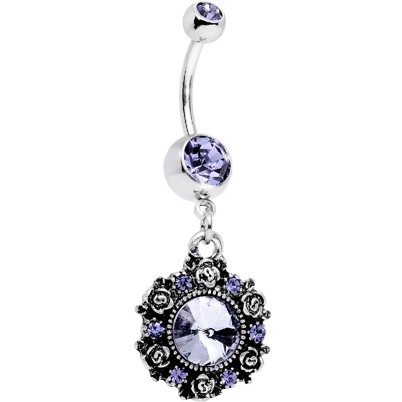 Comfortable Belly Rings with Radiant Detail -Purple Gem Rose Flower Ringed Garden Party Dangle Belly Ring
