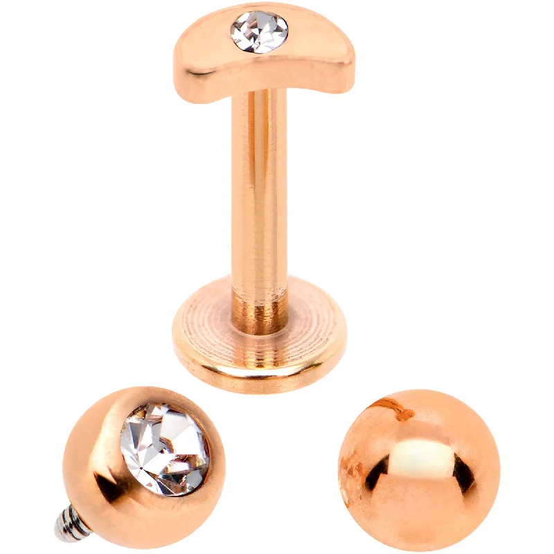 Women's Earrings – Elegant Designs for Every Personality--Clear CZ Rose Gold PVD Moon Internally Threaded Labret Set of 3 Ends
