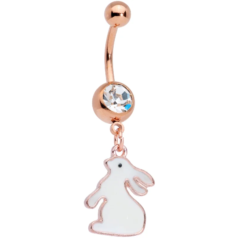 Belly Rings with Beautiful Crystal Details -Clear Gem Rose Gold Tone Glow in the Dark Bunny Dangle Belly Ring Belly Rings with Beautiful Crystal Details -Clear Gem Rose Gold Tone Glow in the Dark Bunny Dangle Belly Ring